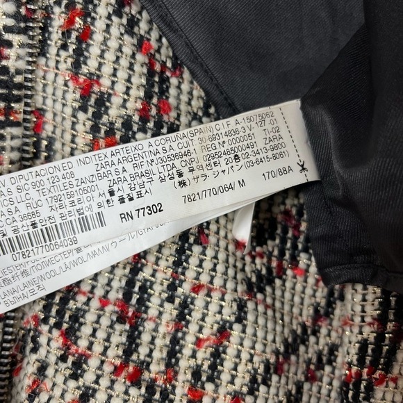 Zara Tweed‎ Blazer Metallic Wool Zebra Print Raw Hem Red Medium - Picture 13 of 13